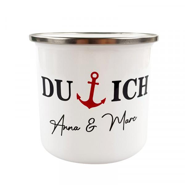 "Du & Ich" Anker Emaille Tasse, rot mit Wunschname